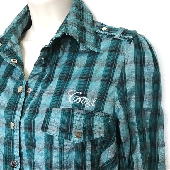 COOGI Metallic Plaid Snap Front Western Shirt Embroidered Spell Out Sz L - Picture 2 of 16